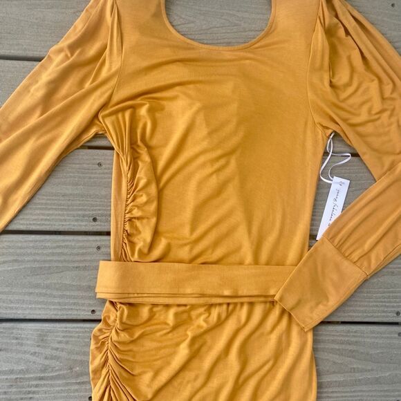 Young Fabulous & Broke Marigold Yellow Midi Drape Ruched Dress Backless Large - Picture 6 of 14